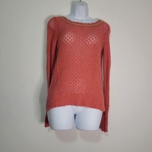 Free people coral colored crochet see through top